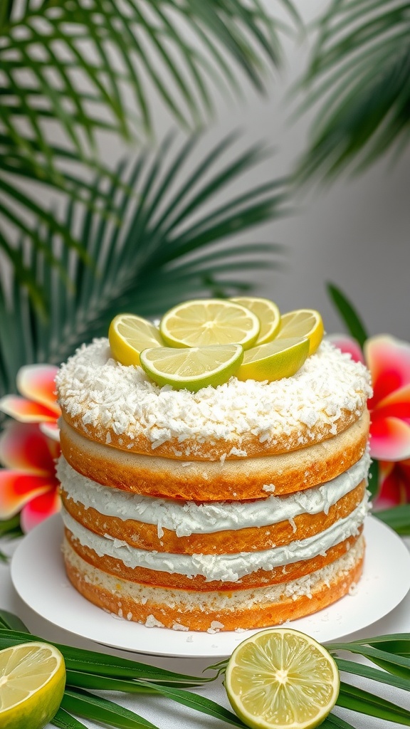 A beautiful Lime Coconut Cake decorated with lime slices and surrounded by tropical leaves.