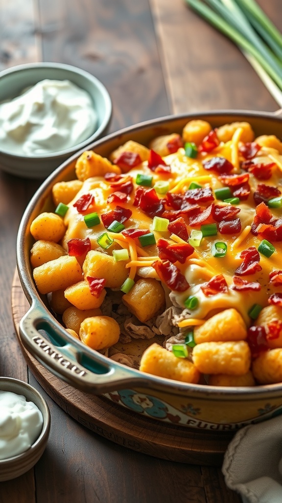 A loaded chicken tater tot casserole topped with cheese, bacon, and green onions, served with a side of sour cream.