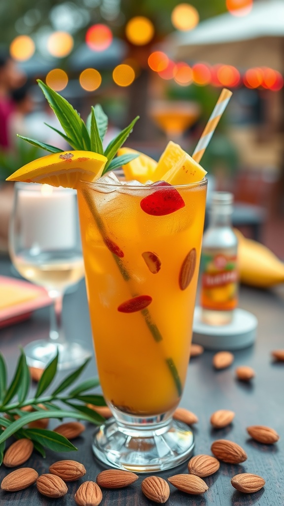 A colorful Mai Tai cocktail served with toasted almonds, lemon, and mint in a tall glass.