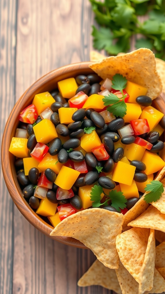 A vibrant mango and black bean salad with diced mango, black beans, and chopped cilantro, served with tortilla chips.