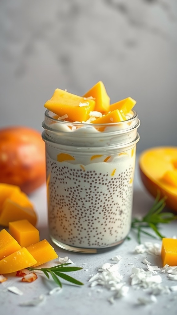 A jar of mango coconut chia pudding topped with fresh mango slices and coconut flakes, surrounded by mango pieces.