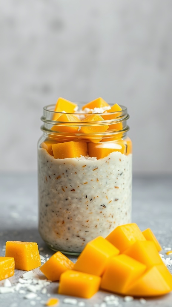 A jar of mango coconut overnight oats topped with fresh mango cubes