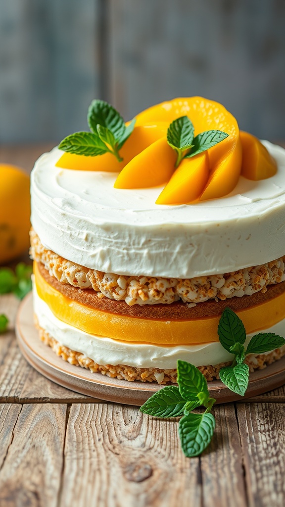A delicious mango mousse cake topped with fresh mango slices and mint leaves on a wooden table.