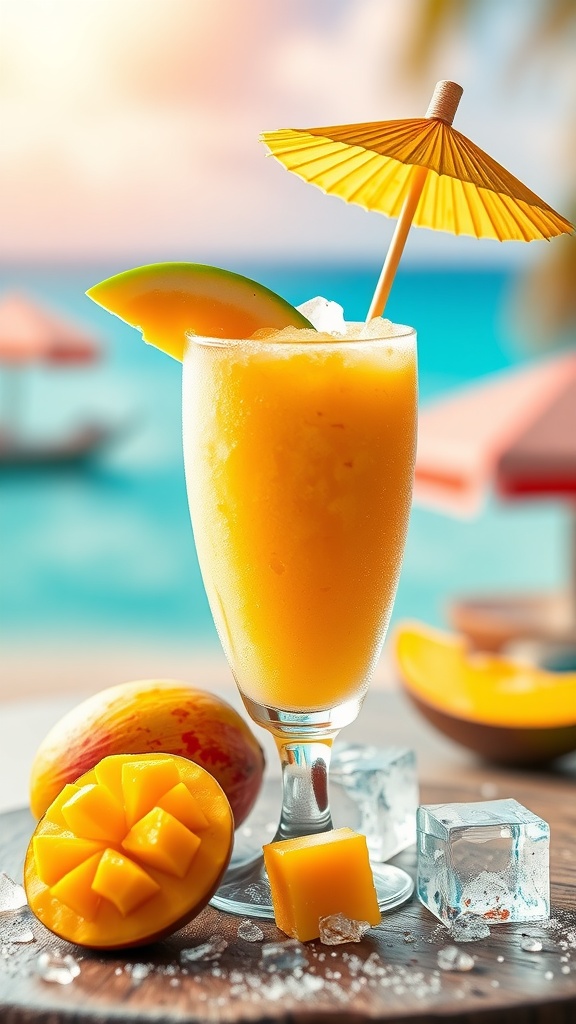 A bright mango rum slush with umbrellas, served by the beach.
