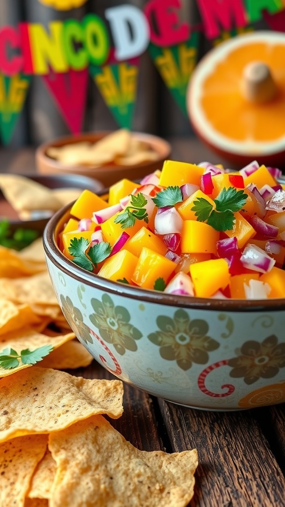 Refreshing Mango Salsa with Crispy Tortilla Chips A bowl of mango salsa with tortilla chips, vibrant colors on a wooden table.