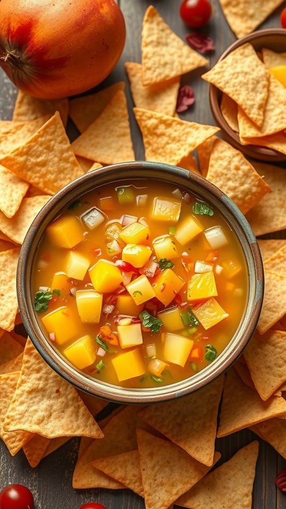 Bowl of mango salsa surrounded by tortilla chips