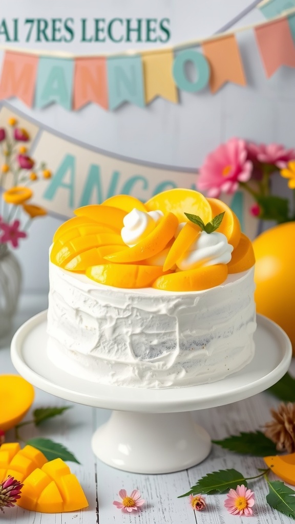 A beautifully decorated Mango Tres Leches Cake topped with fresh mango slices and colorful flowers