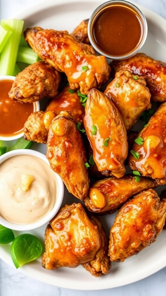 Maple mustard glazed chicken wings served with ranch and mustard dipping sauces.
