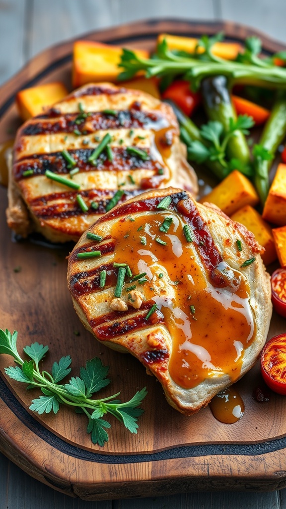 Grilled pork chops glazed with maple mustard, served with colorful vegetables on a wooden board.