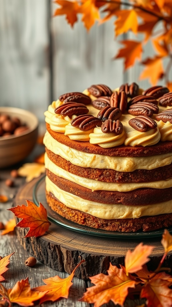 A beautifully layered Maple Pecan Cake topped with pecans and surrounded by autumn leaves