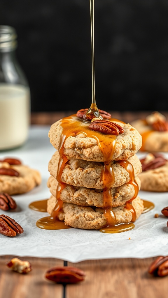 A stack of maple pecan cookies drizzled with syrup and topped with pecans, with a glass of milk on the side.