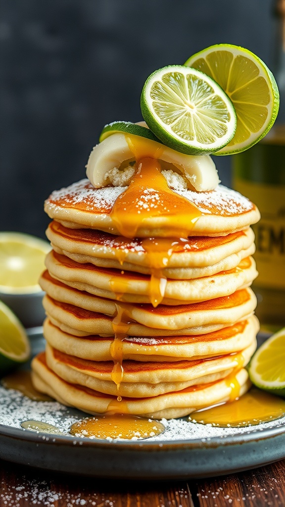 Stack of Margarita pancakes with tequila syrup and lime slices