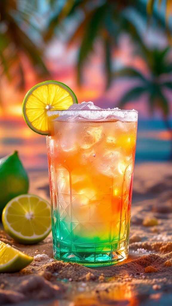 A vibrant cocktail with rum and lime, set against a beach backdrop