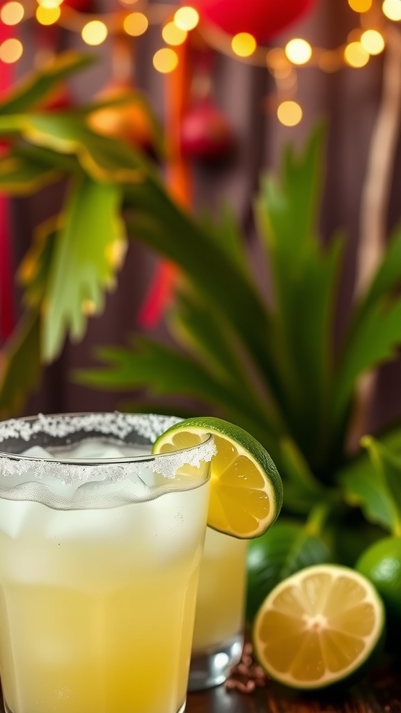 Two margarita glasses with lime wedges, decorated for a festive Cinco de Mayo celebration