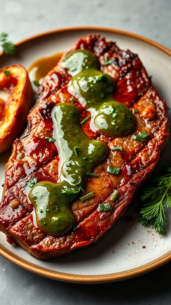 A plated marinated flank steak topped with chimichurri sauce, served with grilled lemon.
