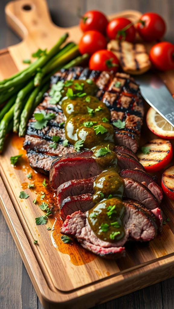 A beautifully grilled marinated flank steak topped with chimichurri sauce, served with grilled tomatoes and asparagus on a wooden cutting board.