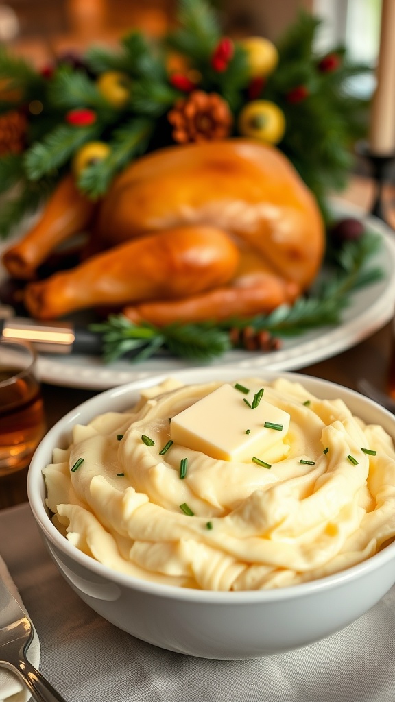 A bowl of creamy mashed potatoes with butter on top, alongside a beautifully roasted turkey.