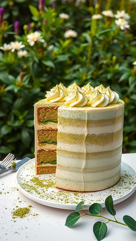 A slice of matcha green tea cake with creamy frosting and matcha powder on top.