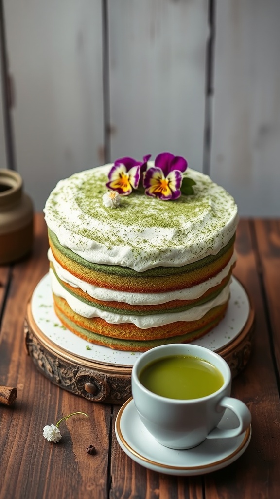 A vibrant Matcha Green Tea Cake topped with flowers, served with a cup of green tea.