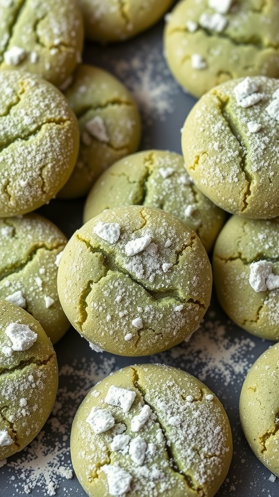 A close-up view of matcha green tea cookies with powdered sugar on top