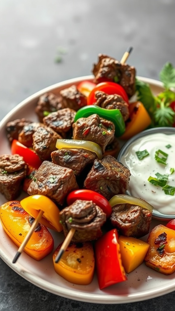 A plate of Mediterranean beef kebabs with colorful vegetables and dipping sauce.