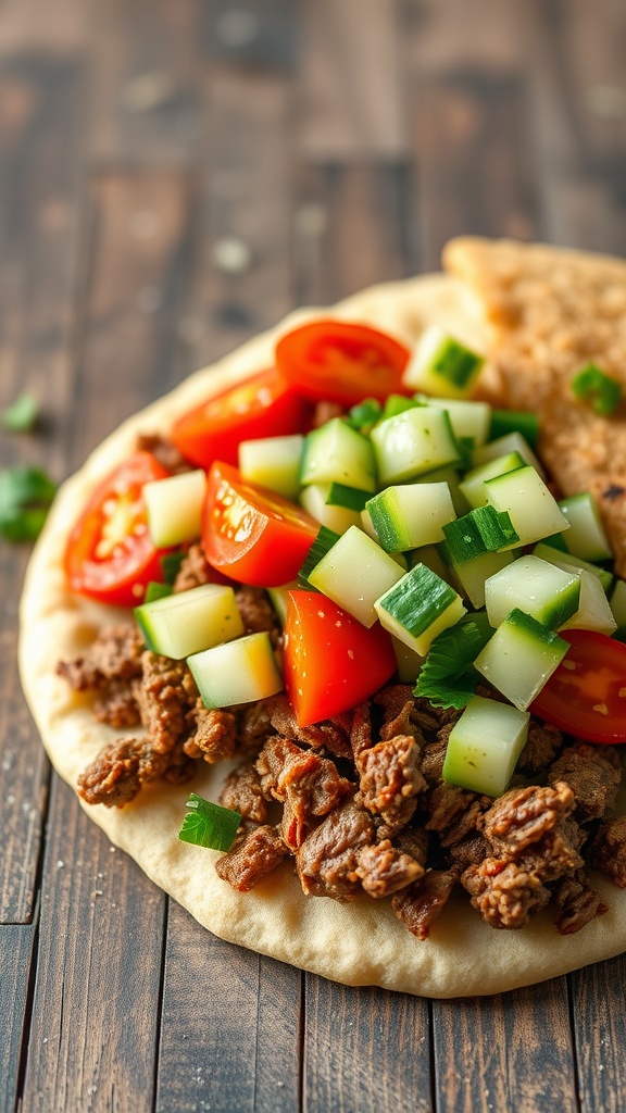 Close-up of Mediterranean beef pita filled with ground beef, tomatoes, and cucumbers.