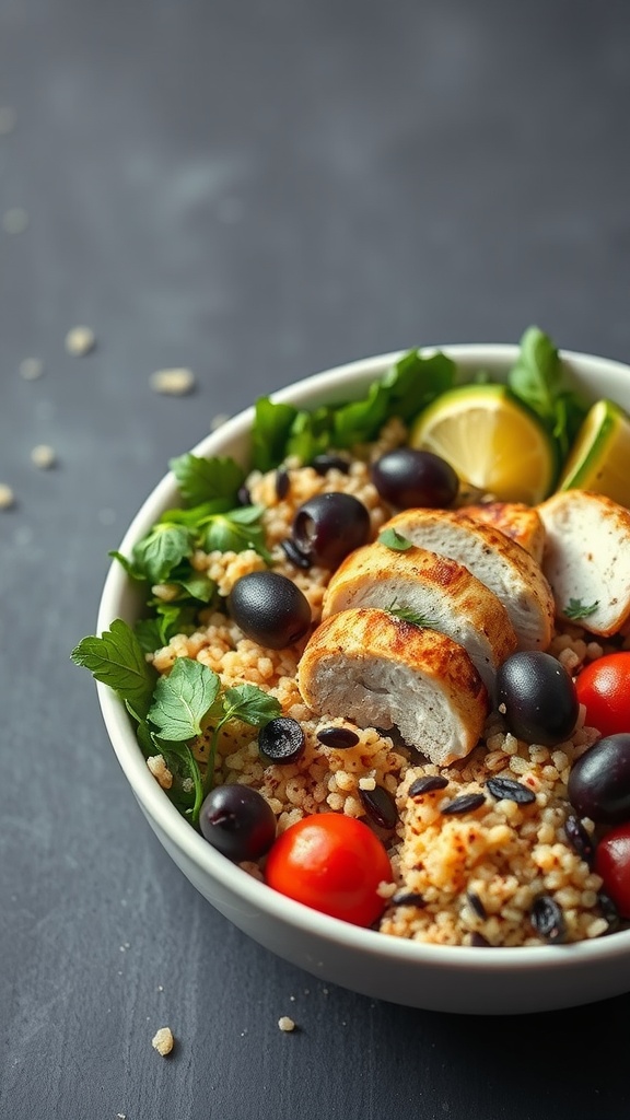 A Mediterranean chicken bowl with sliced grilled chicken, couscous, cherry tomatoes, olives, and fresh herbs.