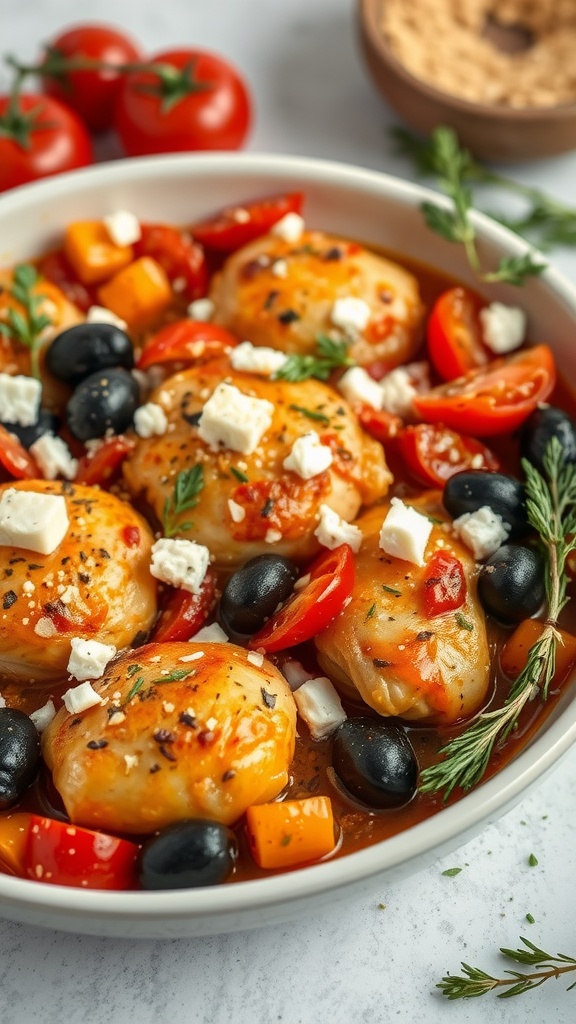 A colorful Mediterranean chicken casserole with vegetables and feta cheese