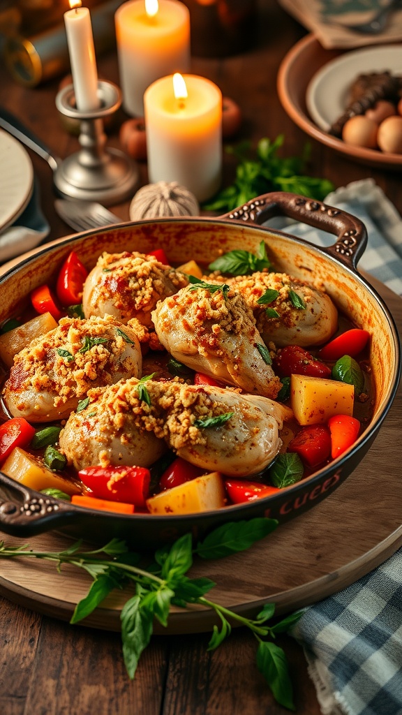 A Mediterranean Chicken Casserole with baked chicken, colorful peppers, and herbs, set on a wooden table with candles.