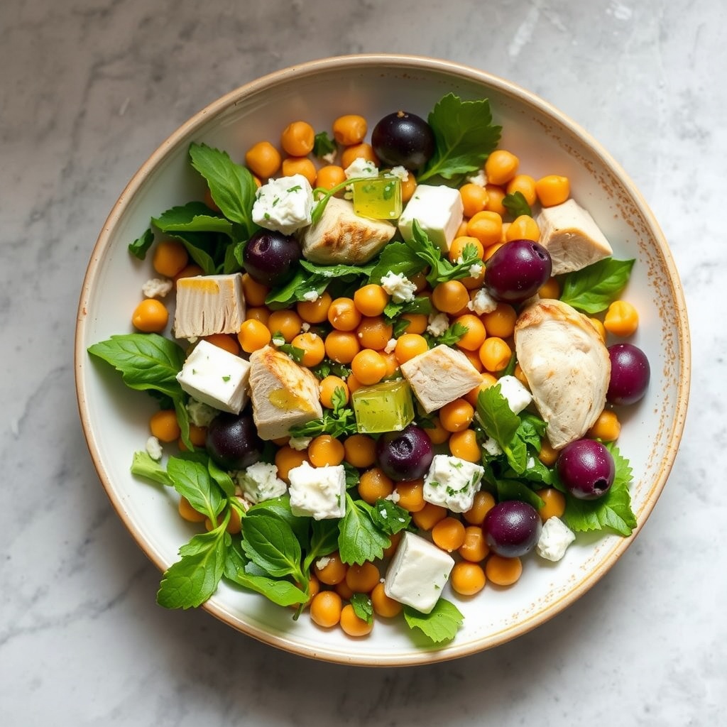 A bowl of Mediterranean Chickpea Chicken Salad with chicken, chickpeas, greens, olives, and feta cheese.