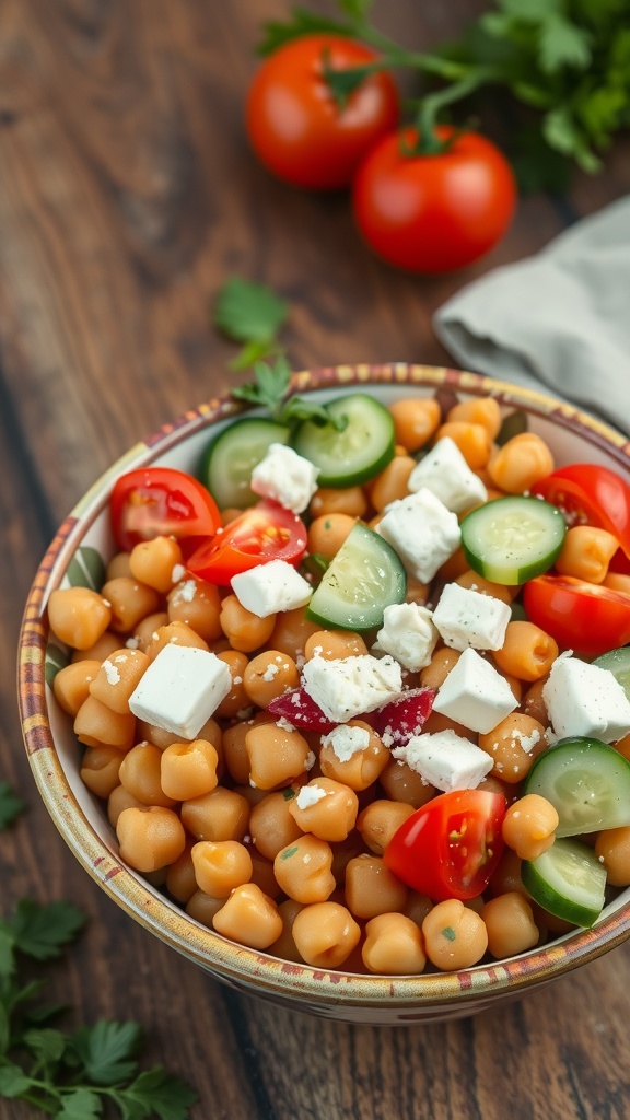 A colorful Mediterranean Chickpea Salad with chickpeas, tomatoes, cucumbers, and feta cheese.
