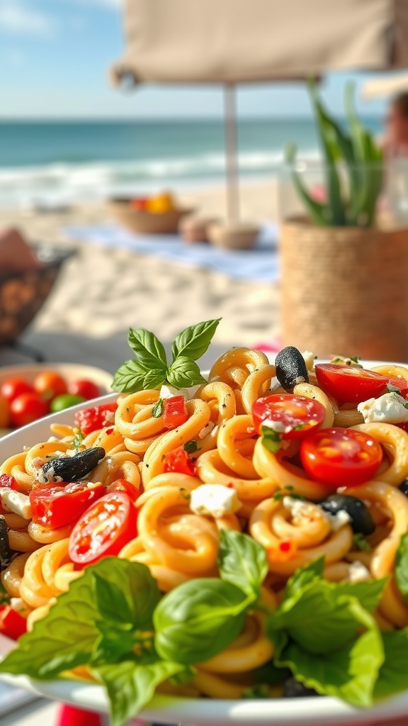 A plate of Mediterranean pasta salad with cherry tomatoes and basil, held in front of a beach scene with umbrellas.