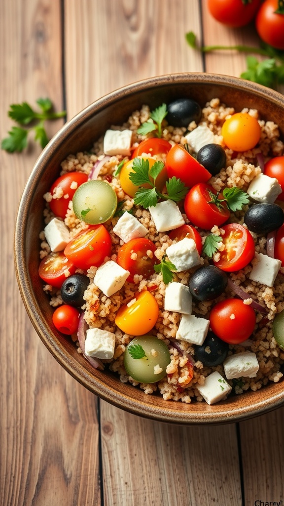 A bowl of Mediterranean quinoa salad with cherry tomatoes, olives, and feta cheese.