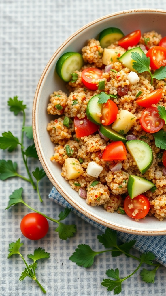 A bowl of colorful Mediterranean quinoa salad with cherry tomatoes, cucumbers, and herbs.