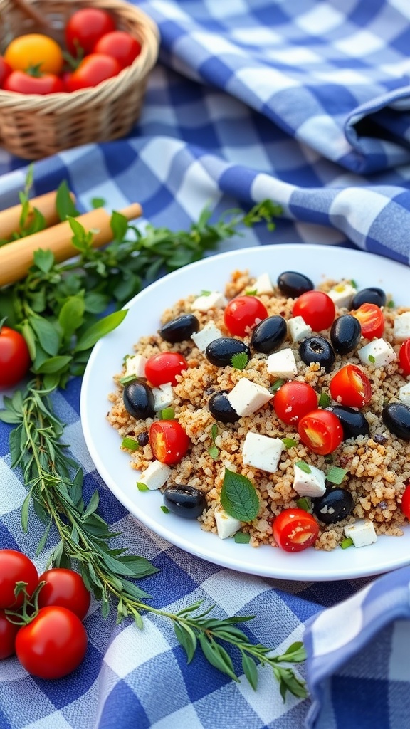 A colorful Mediterranean quinoa salad with cherry tomatoes, black olives, and feta cheese on a picnic blanket.