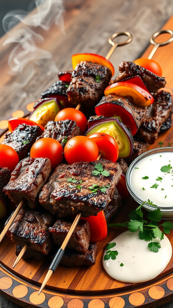 Delicious Mediterranean steak kebabs on a wooden platter with a creamy dip.