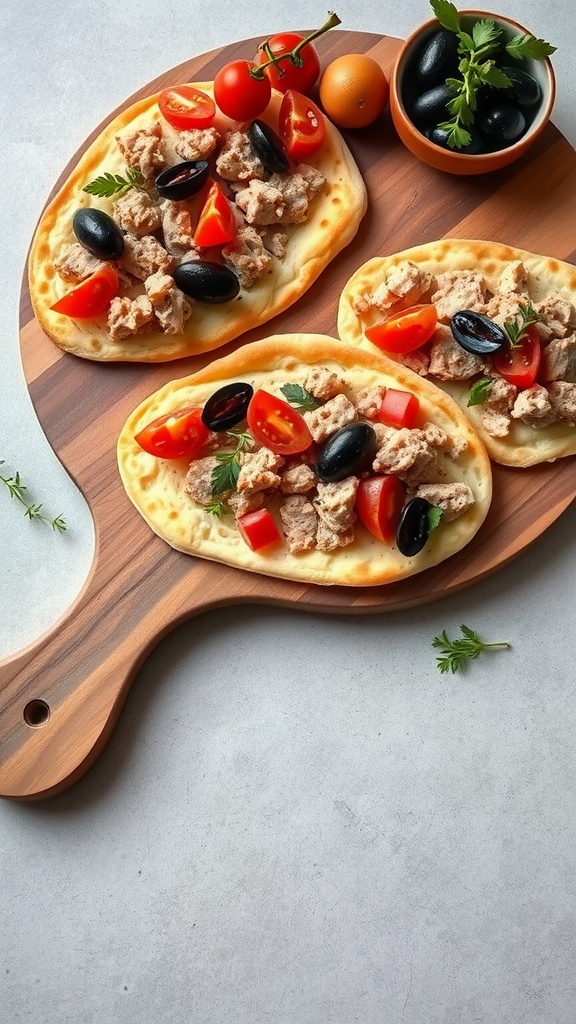 Three Mediterranean tuna flatbreads topped with tomatoes and olives on a wooden serving board.