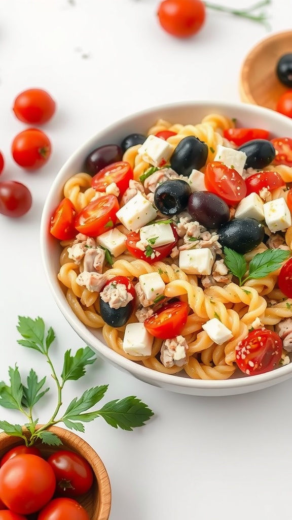 A bowl of Mediterranean Tuna Pasta Salad with cherry tomatoes, olives, and feta cheese.