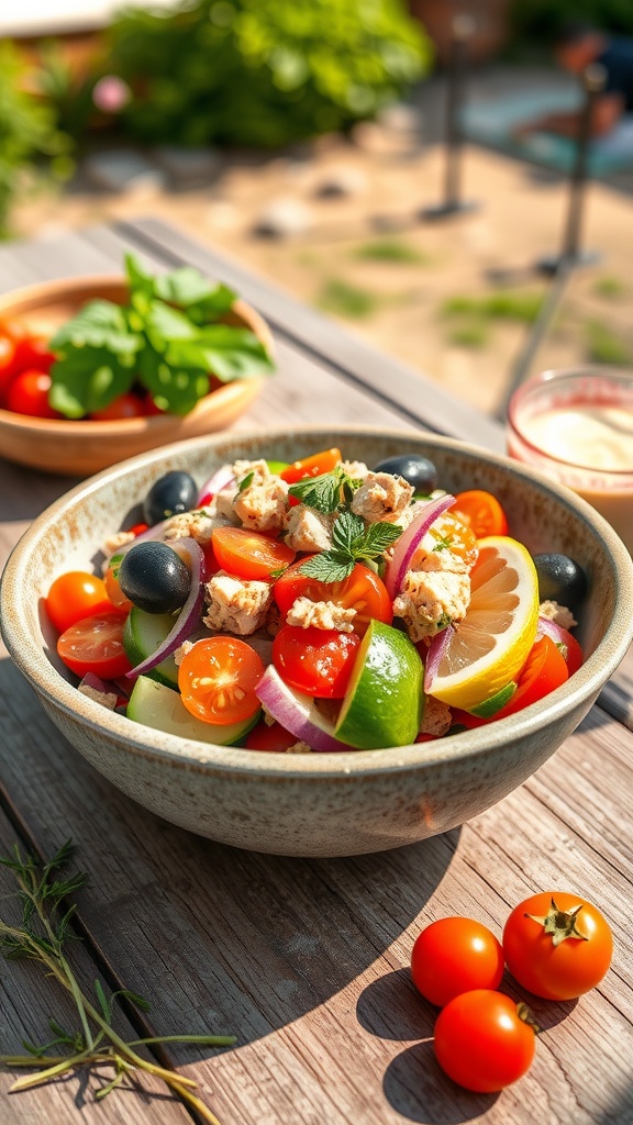 Mediterranean Tuna Salad with fresh vegetables and lemon served in a bowl