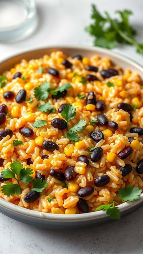 A delicious Mexican chicken and rice casserole with black beans and corn, garnished with fresh cilantro.