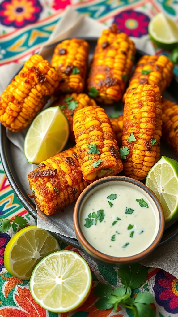 A plate of Mexican street corn fritters with lime wedges and dipping sauce.
