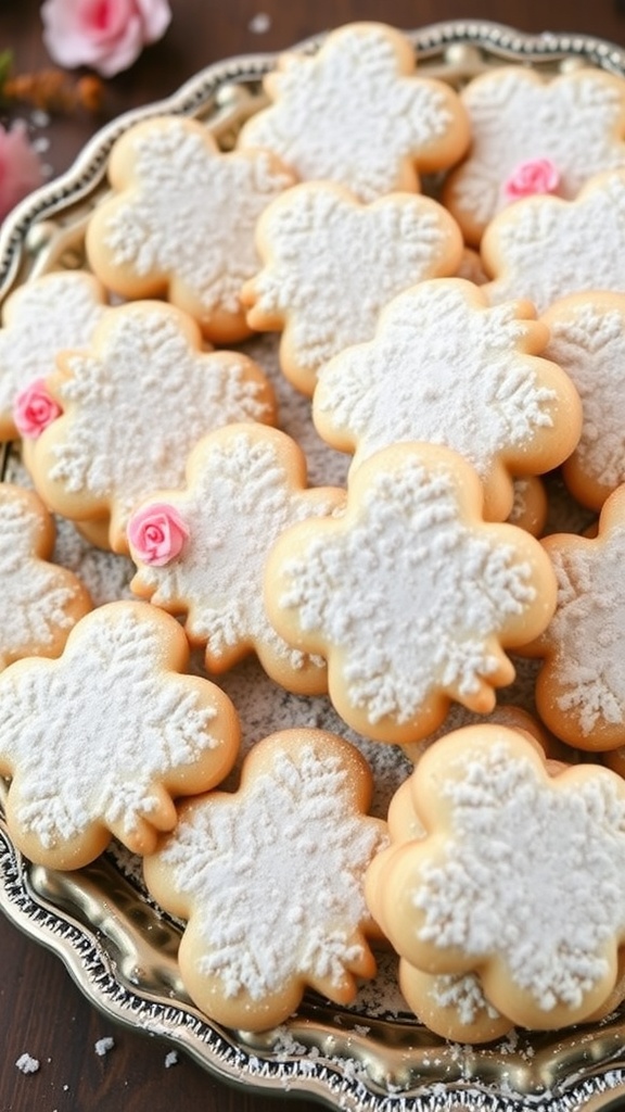 A plate of beautifully decorated Mexican Wedding Cookies dusted with powdered sugar and adorned with small roses.