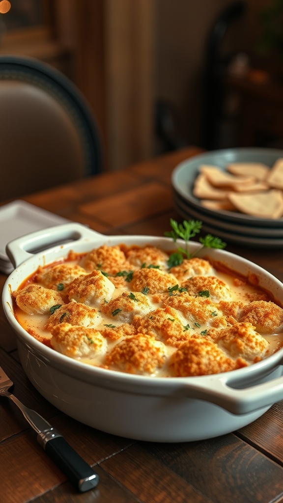 A delicious Million-Dollar Chicken Casserole topped with fluffy dumplings, ready to be served on a wooden table.