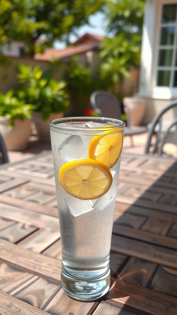 A glass of mineral water with ice and lemon slices on a wooden table, surrounded by greenery.