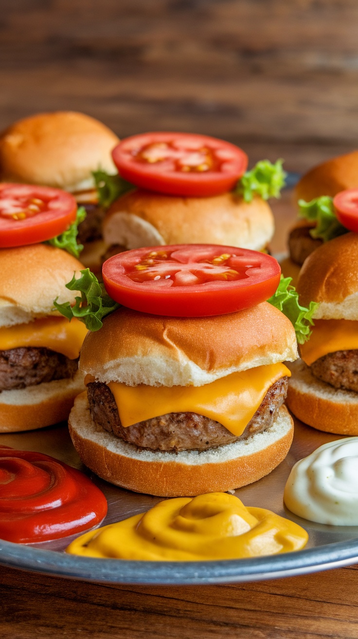A plate of mini cheeseburger bites with ketchup and mustard on the side.