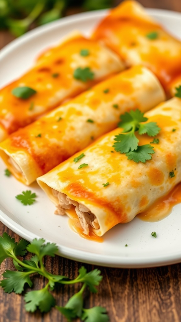 Plate of mini enchiladas garnished with cilantro
