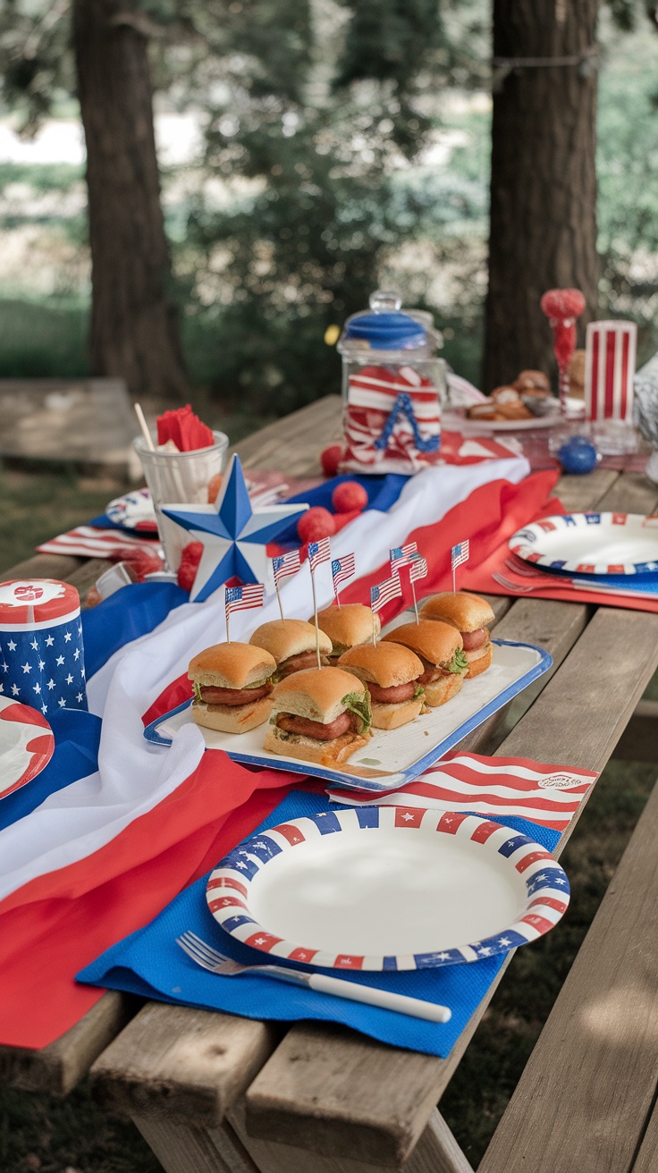 A colorful table setting with mini hot dog sliders, festive decorations, and a checkered tablecloth