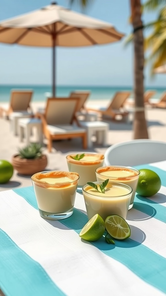 Mini key lime pies in cups on a beach table with limes and a sunny backdrop