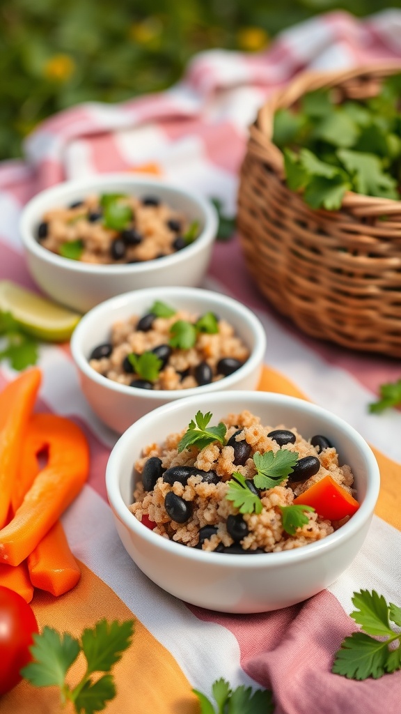Mini quinoa and black bean bowls with fresh ingredients like bell peppers and cilantro, set on a picnic blanket.