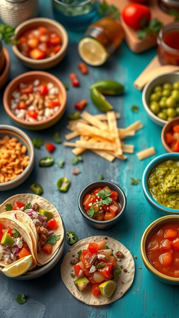 A colorful mini taco bar setup with tortillas, various toppings, and fresh ingredients.